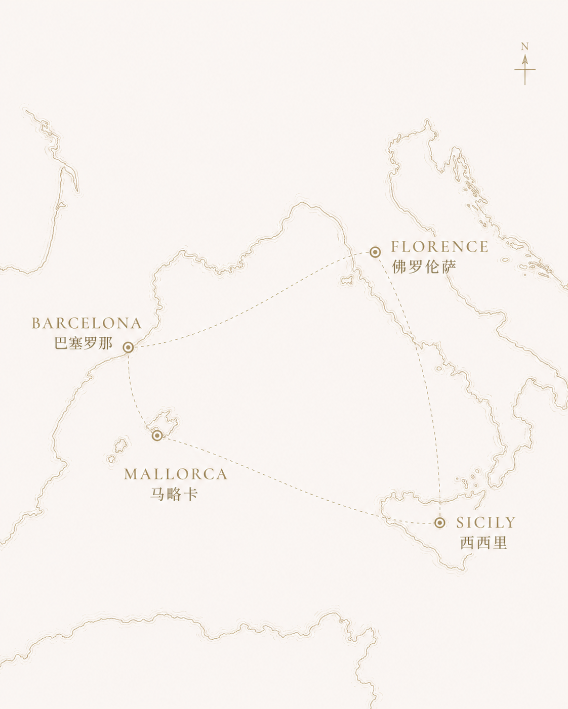 南欧目的地分布图 · Sicily · Barcelona · Florence · Mallorca